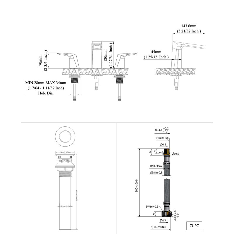 Robinet de salle de bain à 2 poignées avec drain, Chrome poli