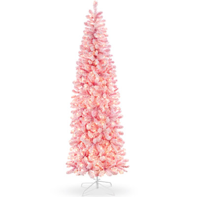  Pink Pre-Lit Artificial Snow Flocked Pencil Christmas Tree Holiday Decoration W/ 500 Lights