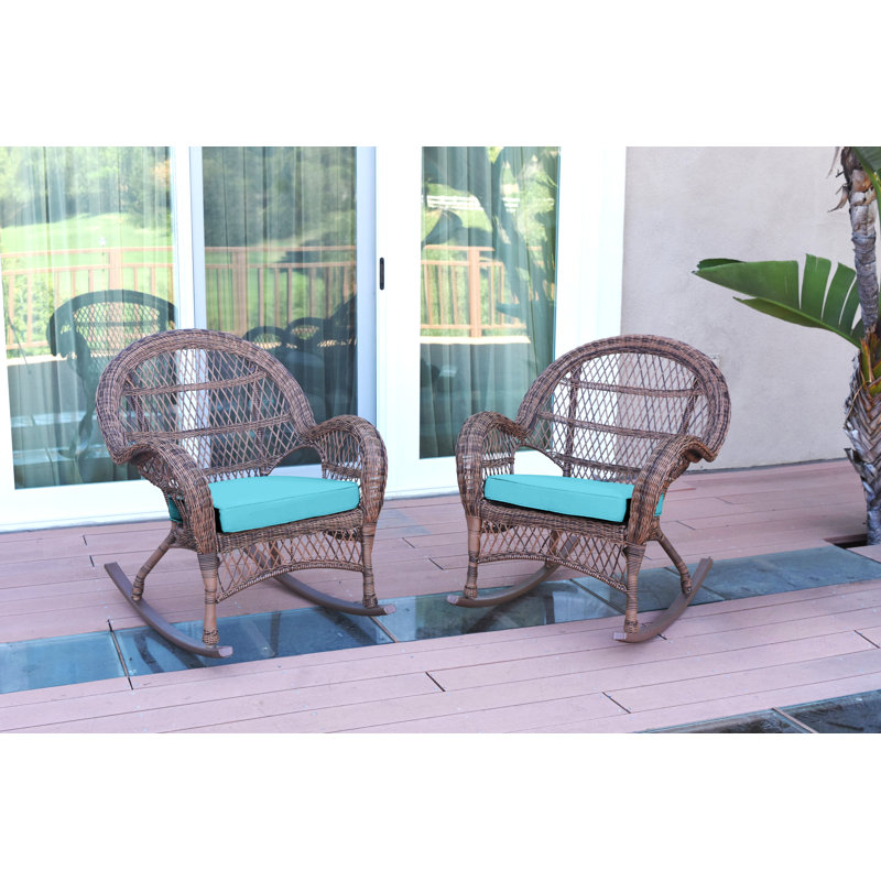 Chaise berçante en osier avec coussins Berchmans, Miel, Bleu ciel