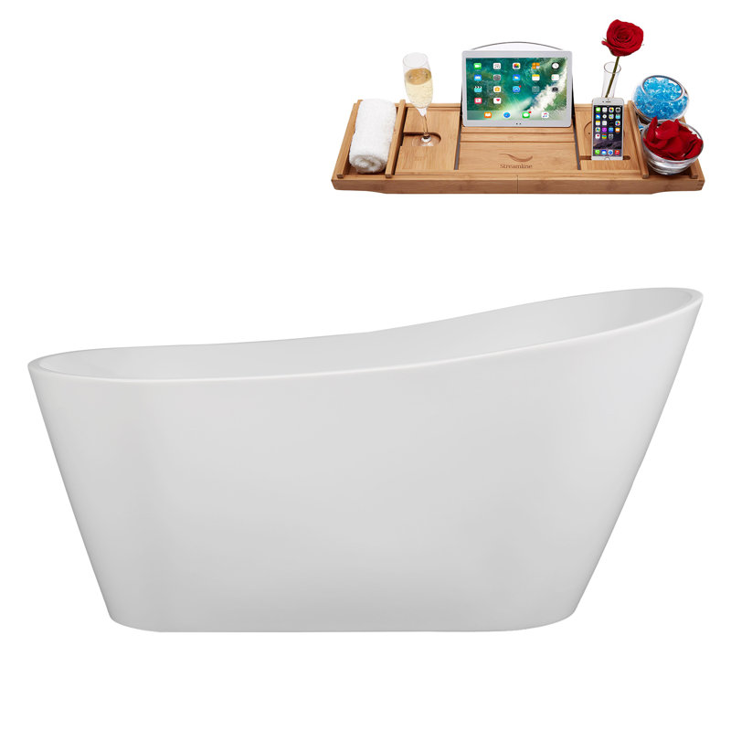 60" Streamline Soaking Freestanding Tub and Tray With Internal Drain, Glossy White