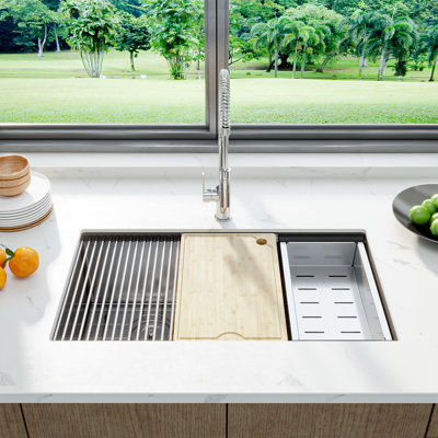 32 Inch single basin Undermount Workstation Kitchen Sink 16 Gauge Brushed Nickel Stainless Steel Single Bowl Basin Soundproof & Easy Clean Commercial Grade Design with Bottom Grid and Drain Included