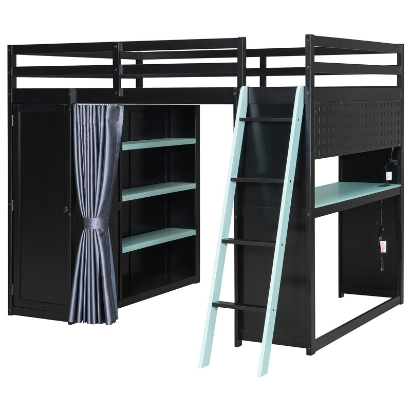 Full Size Wood Loft Bed With,Wardrobe,Shelves,Blackout Curtains,And Rgb Lights, Black/Blue