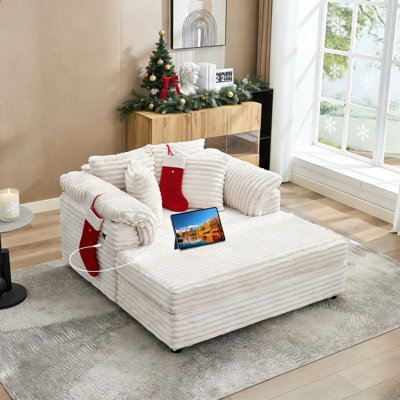 Fauteuil inclinable surdimensionné en velours côtelé avec port de chargement USB – Grands accoudoirs, coussins décoratifs, canapé-lit confortable pour salon, chambre, appartement – ​​Fauteuil inclinable confortable, velours côtelé | Beige