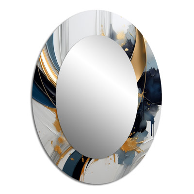 Abstract Golden Blue Whirls Of Serenity II - Gold Modern Oval Wall Mirror