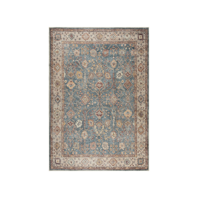 Oriental Machine Washable Area Rug in Blue/Cream, Rectangle 5'3" x 7'6"