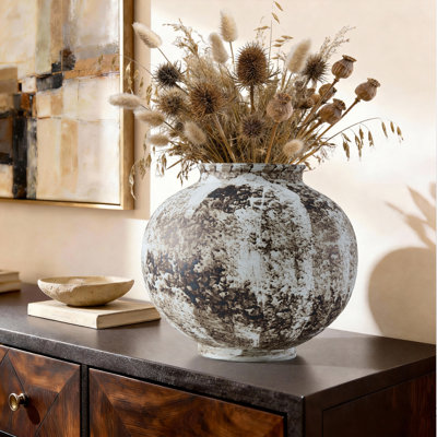 Vase en ardoise rustique à haut rendement en céramique, brun cendré et avoine blanche, grès tacheté