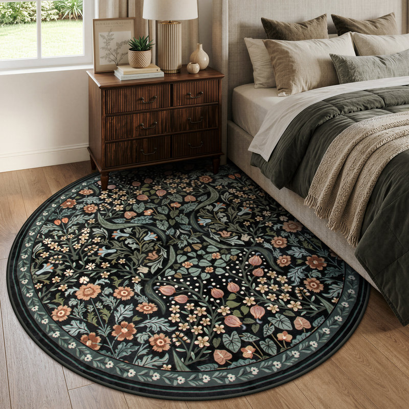 Tapis lavable à motif floral Kaldi, Rond 6 pi, Noir