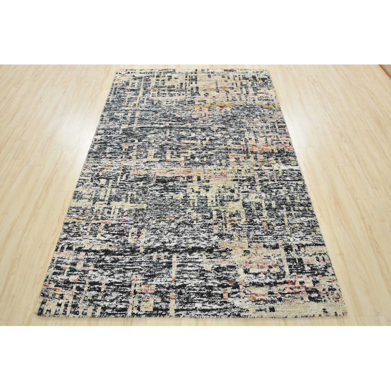 Tapis gris en soie noué à la main de conception unique 5 pi 6 po x 7 pi 10 po Gabay