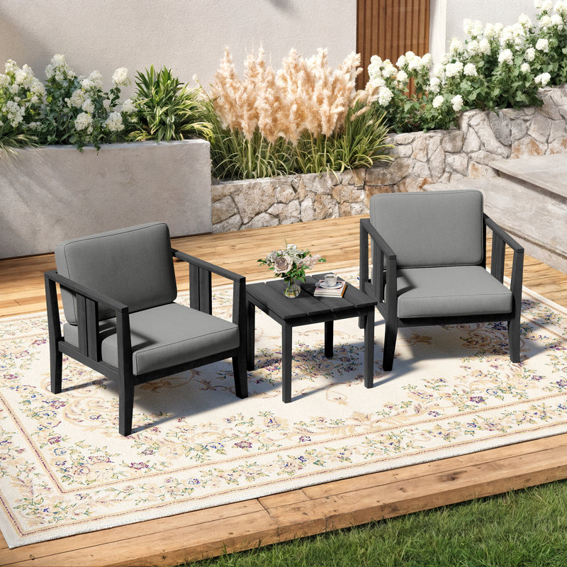 Junco Teak Outdoor Two-Person Patio Set With Cushions And Side Table, Gray, Black