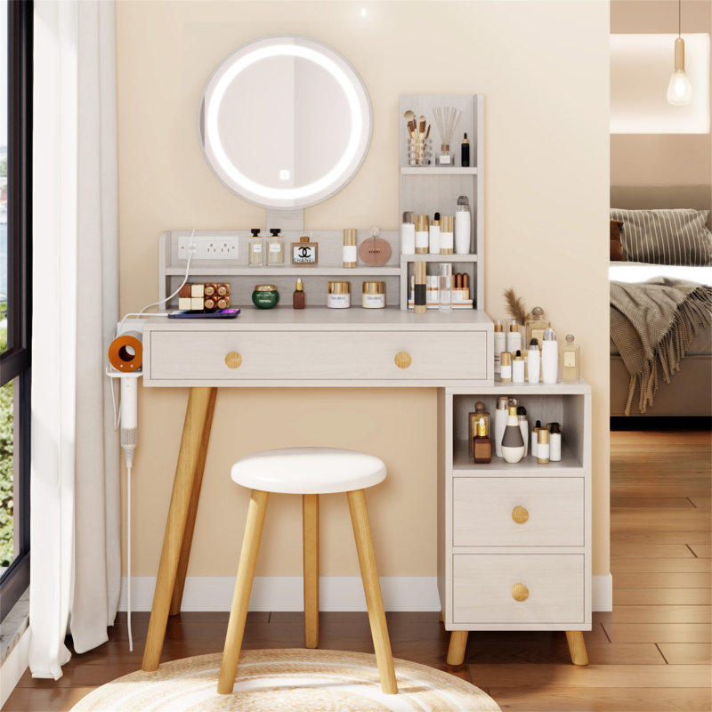 Round Mirror Bedside Cabinet Vanity Table + Cushioned Stool