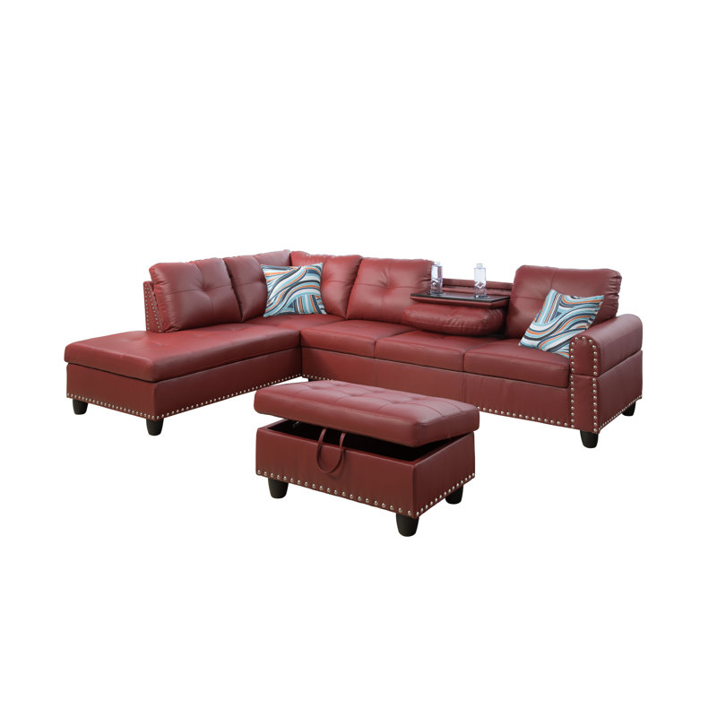 Canapé modulaire en similicuir 97 po avec repose-pieds Aamanah, Similicuir rouge, Accoudoir à gauche (vu de face)