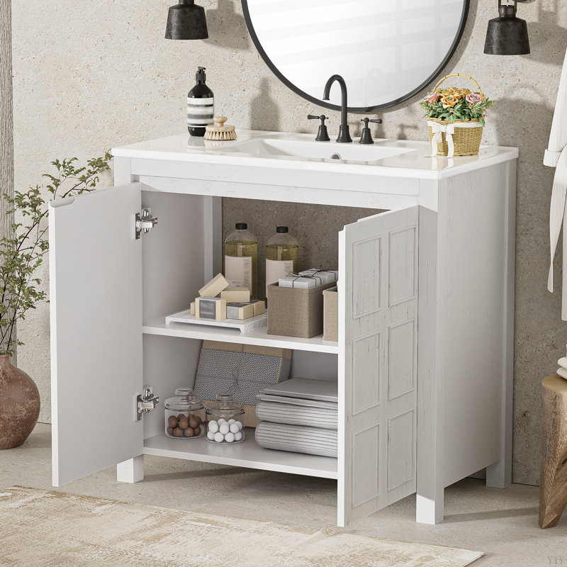 Rangement pour meuble-lavabo 36 po avec lavabo en céramique, Blanc antique