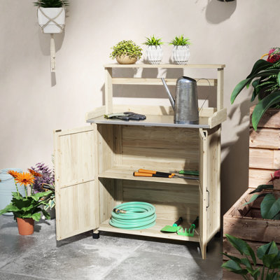 Outdoor Potting Bench With Cabinet Storage, Galvanized Tabletop, Natural Wood For Garden, Yard, Balcony Weather- Garden Bench, Storage Cabinet, Top Patio, Lawn,