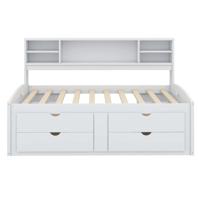 Lit de jour en bois avec deux tablettes et tiroirs, Blanc
