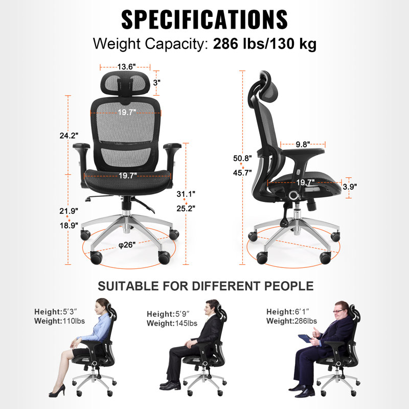 Chaise de bureau pivotante en maille, avec dossier haut réglable et assise en maille, réglable en hauteur et en inclinaison, offrant un soutien lombaire et un appui-tête.