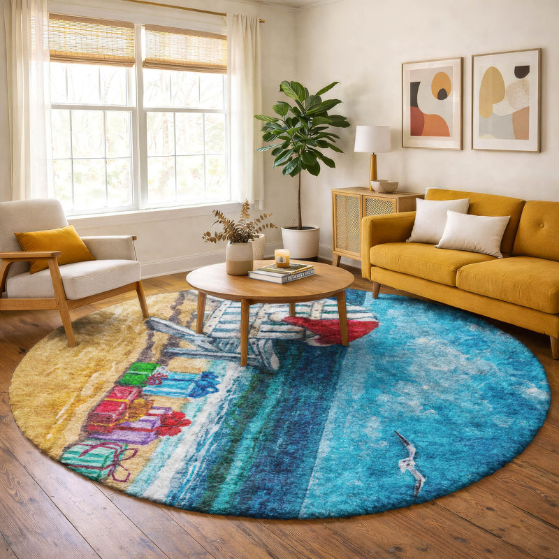 Premium Machine Washable Dream Shag ADS220 Santa on the Beach Rug, 8' Round