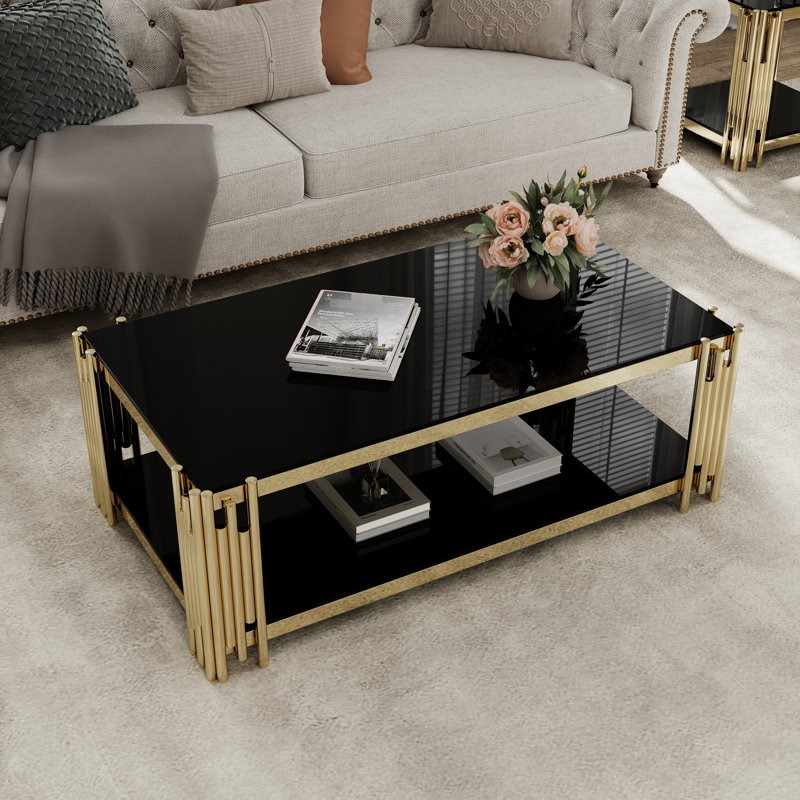 Table basse moderne moderne avec pieds en acier inoxydable et plateau en verre trempé noir, Noir