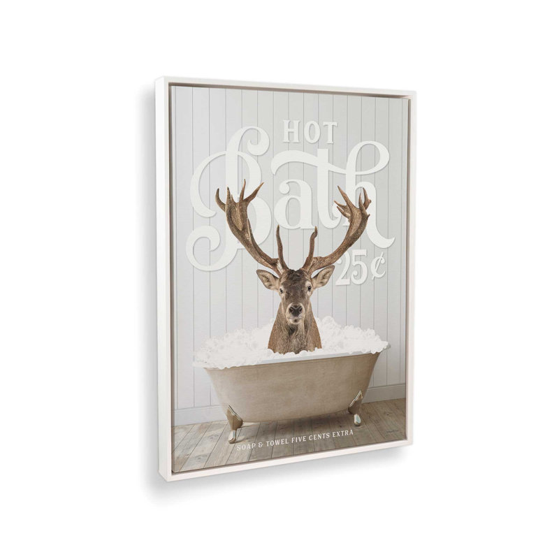 «Deer Hot Bath» par lettrage et doublure, L 24 po x H 32 po, Toile avec cadre, White