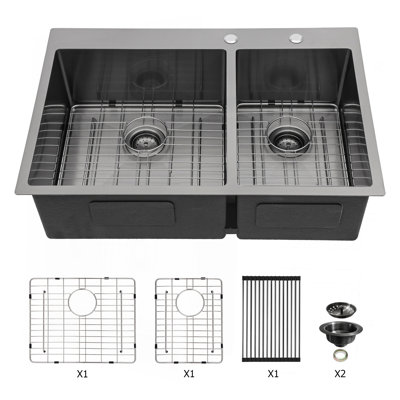 Évier de cuisine à double cuve à montage sur plan - Évier de cuisine à double cuve en bronze industriel noir de calibre 16 avec deux cuves profondes de 10 po (60/40 po) 33 po x 22 po