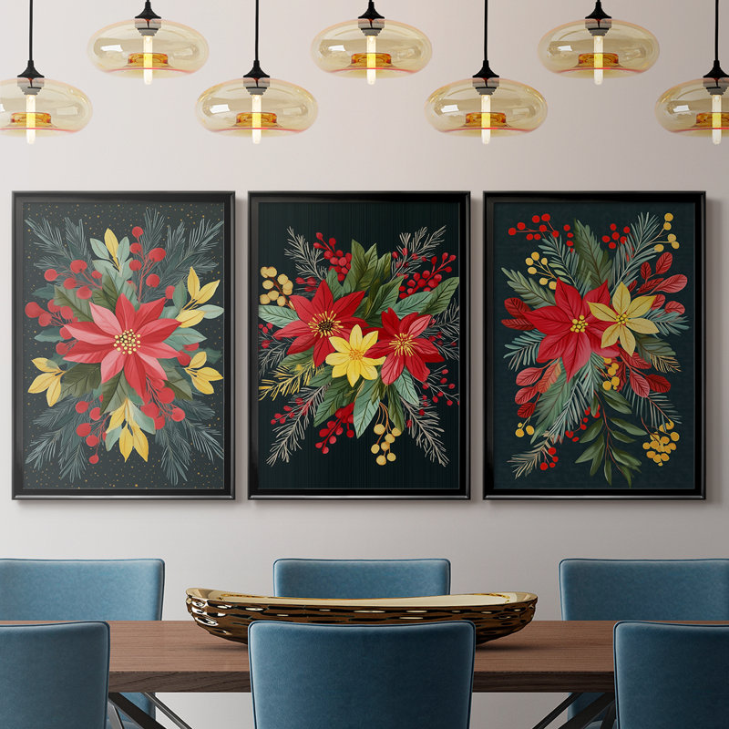 Christmas Holiday Art CVIII  -Custom Framed  Wrapped Gallery Canvas - 3 Pieces, Black, 30" H x 63" W