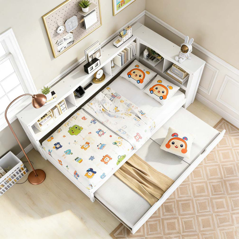 Lit de jour simple avec couchette, armoires de rangement et ports USB, Blanc