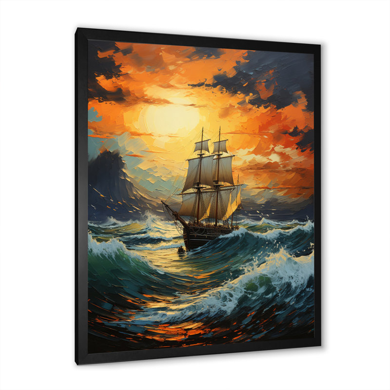 Tempête énergétique bateau orange sarcelle II - impression, H 40 po x l 30 po x P 1,5 po, Cadre photo noir