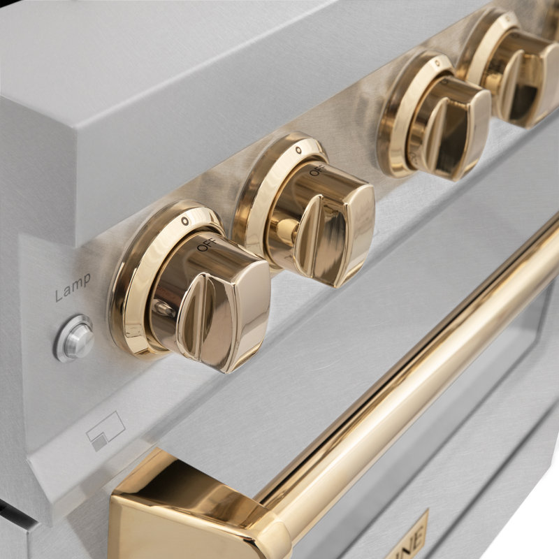 ZLINE Autograph 30" Legacy Dual Fuel Range in DuraSnow® Steel, Gold Satin Stainless Steel