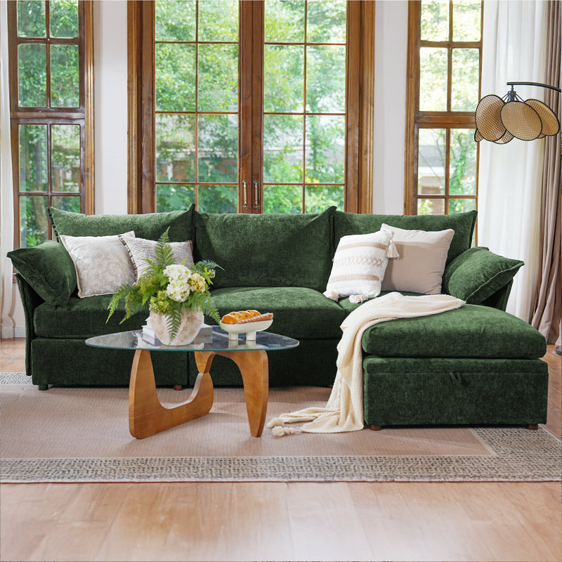 Merchelle 103' Wide Reversible Modern Modular Sectional Sofa With Storage Ottoman -Premium Chenille Fabric, Green Chenille