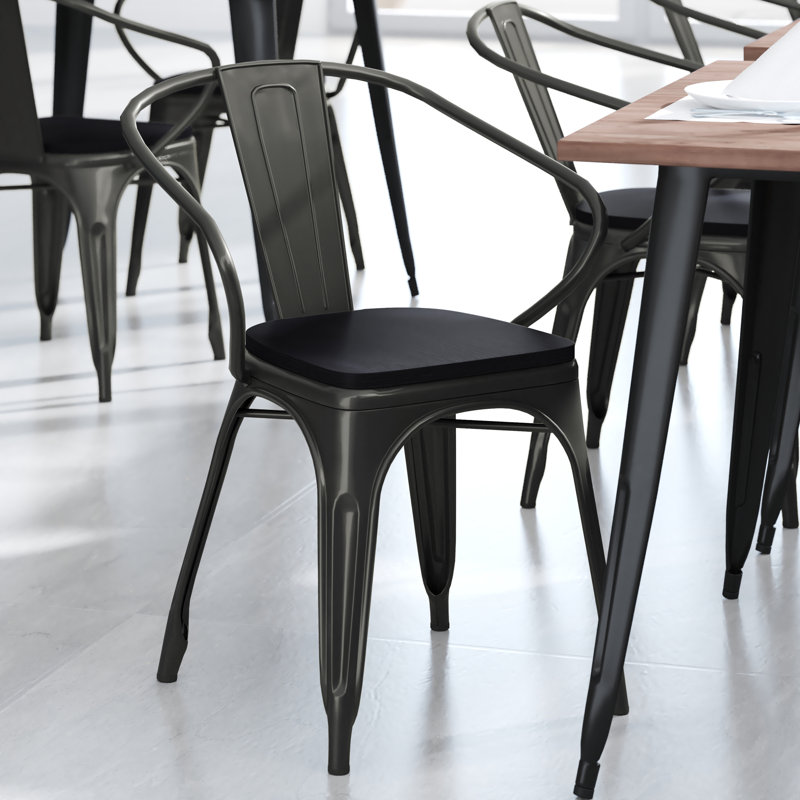 Briceidy All-Weather Metal Stack Chair with Arms and Poly Resin Seat, Black, Black