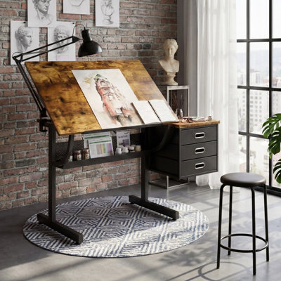 Wrought Studio™  35" x 24" Vintage Industrial Drafting Table with Stool, Adjustable Tilt Art Desk with 3 Drawers & Mesh Shelf, Vintage Brown EIY-16-E6 Series