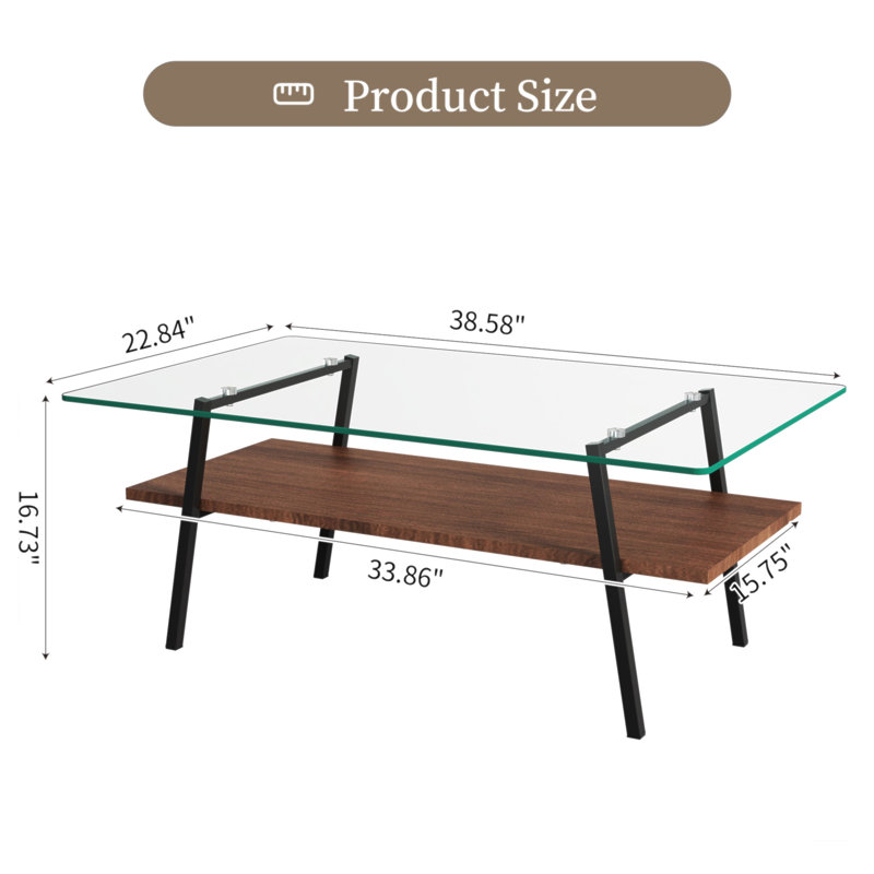 Rectangle Coffee Table, Tempered Glass Tabletop With Black Metal Legs, Modern Table For Living Room , Transparent Glass