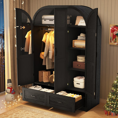 3 Doors Armoire Wardrobe Closet With Mirror & Lights, 71" Farmhouse Arched Wood Wardrobe Cabinet With 2 Drawers, Hanging Rod, Modern Clothing Storage