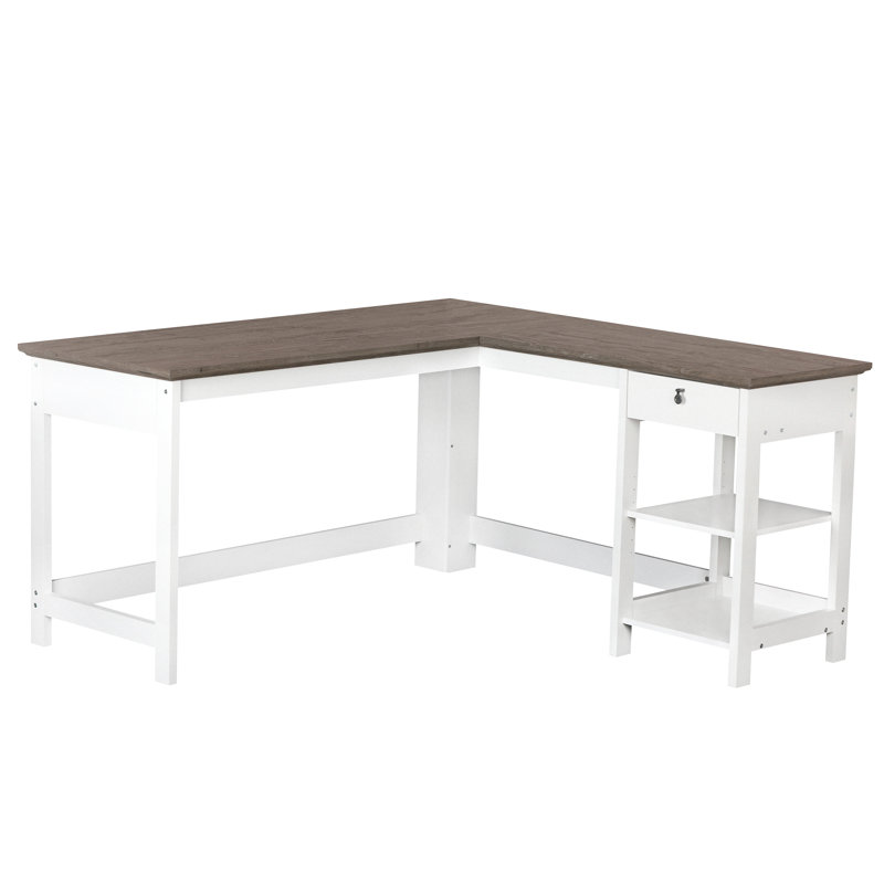 Finley White and Gray Oak L-Shaped Writing Desk with Drawer
