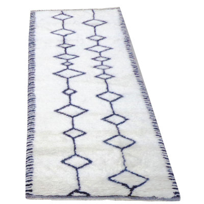 Tapis marocain véritable en laine noué à la main blanc cassé / bleu véritable