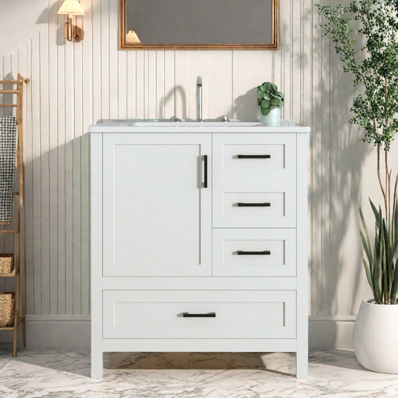 30" Bathroom Vanity With Ceramic Top And Sliding Shelf, White