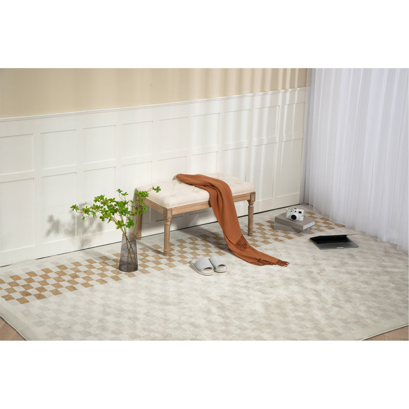 Banc de repose-pieds traditionnel capitonné rectangulaire en tissu d'aspect lin beige, pour le salon et la chambre à coucher