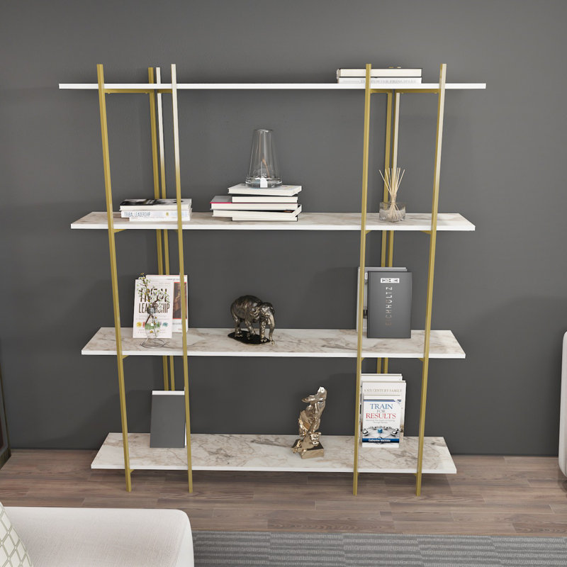 Modern Glam Bookshelf, White & Gold, 63.0 x 70.9 x 11.6 inches | 100% Melamine Coated Particle Board, Thickness: 0.7 inches | Stylish Marble Design, Perfect for Home Office & Living Room Storage