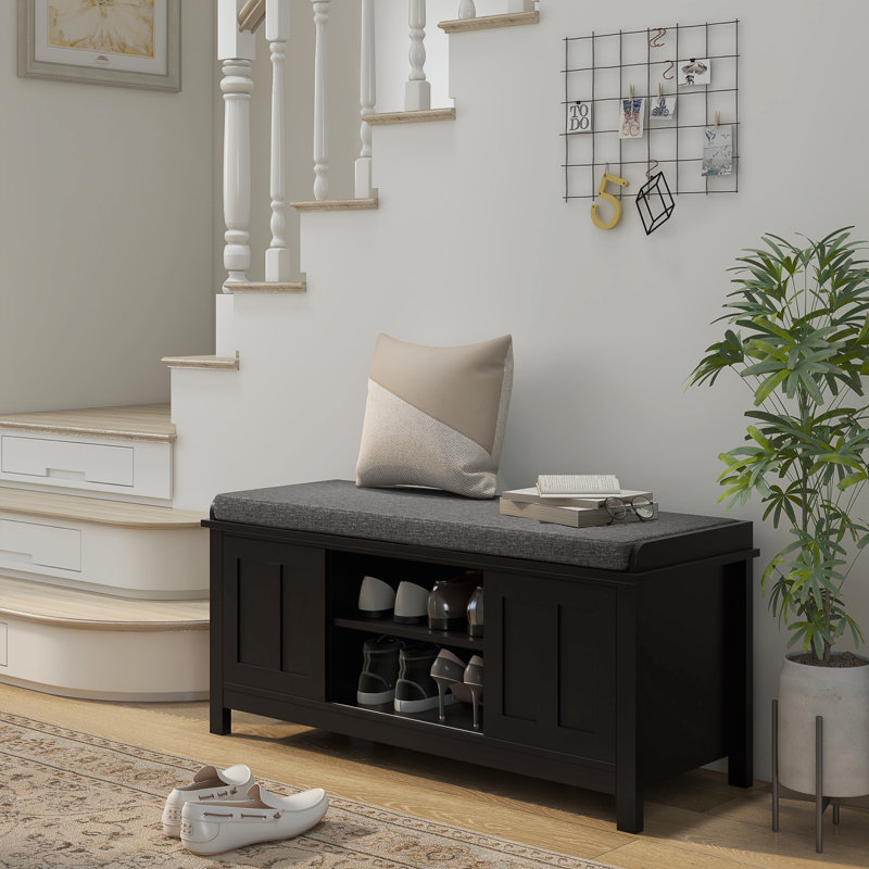 Entryway Shoe Bench Storage Ottoman with Sliding Doors, Adjustable Shelving, 6 Compartments, and Padded Seat, Holds 10 Pairs, Black