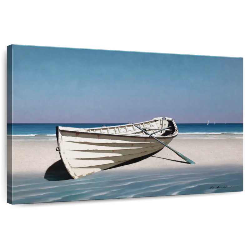 Mehar, bateau blanc sur la plage, H 32 po x l 48 po