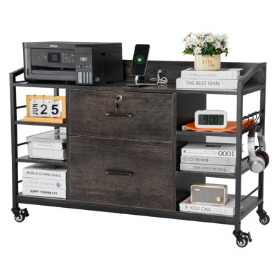 2 Drawers Metal File Cabinet with 6 Open Shelves and Power Strip