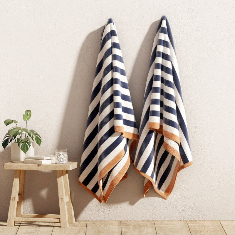 100% Cotton Elevated Stripe Border Oversized Beach Towels, 2, Stone Blue/Clay