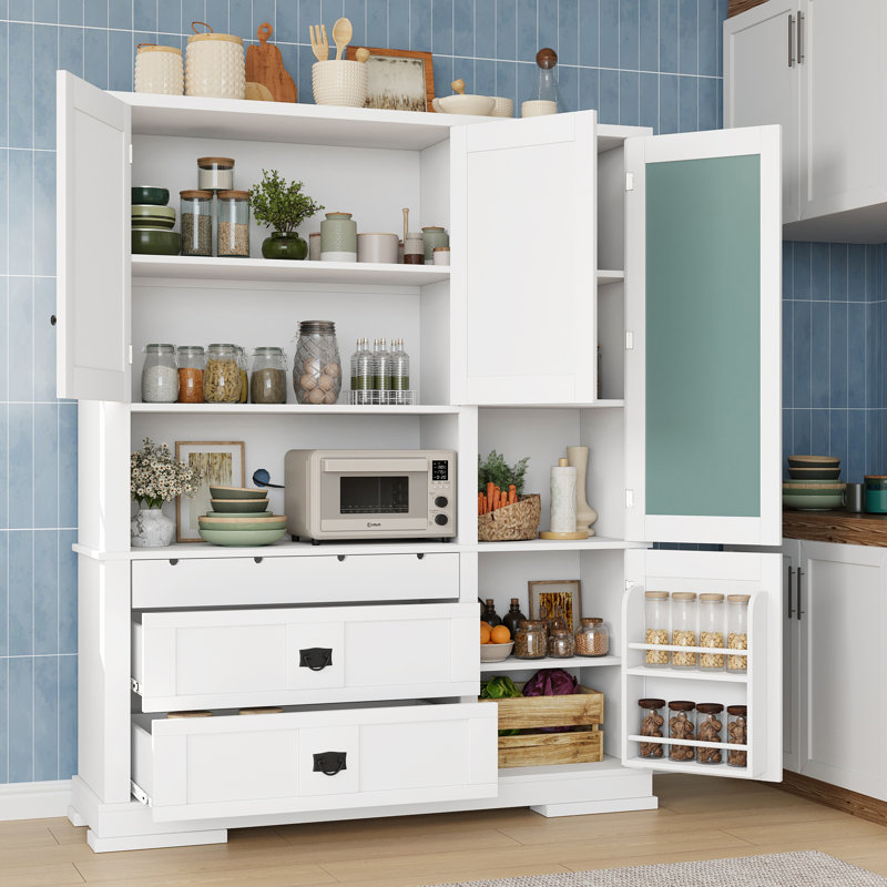 Grande armoire de cuisine avec huche, tiroirs et tablettes réglables Nelson, Blanc
