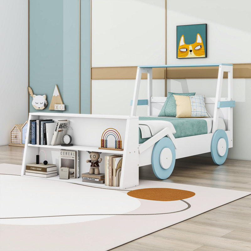 Lit plateforme avec tablettes de rangement, Bleu/blanc