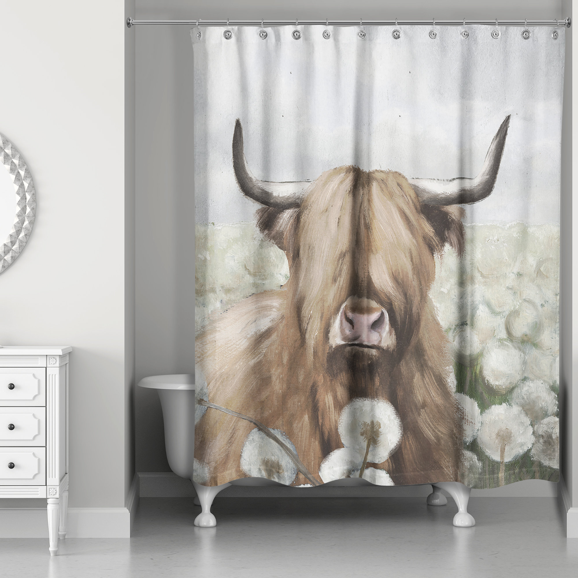 Latitude Run® Highland Cow Dandelion Field Shower Curtain | Wayfair