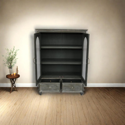 Armoire de rangement Farmhouse avec portes et tiroirs en verre cannelé