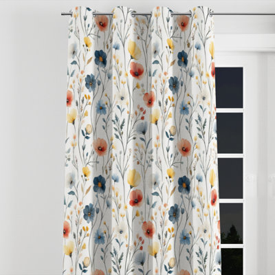 Floral Room Darkening Curtains - Red Boho Meadow Flowers Grommet Curtain - 1 Panel