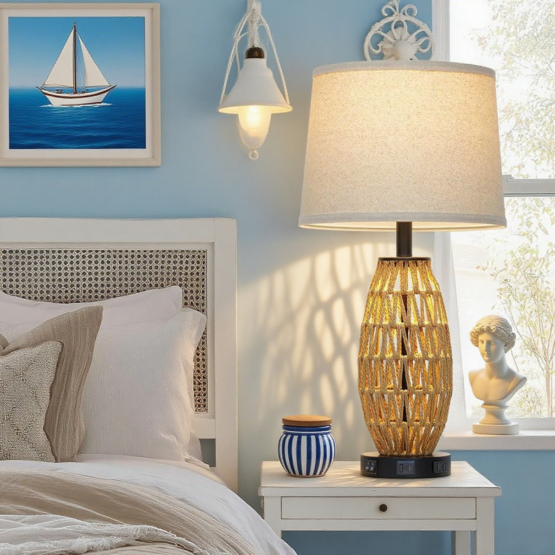 27/" Boho Rattan Table Lamp With Night Light, USB A+C Charging Port & AC Outlet, Woven Bedside Lamp For Bedroom And Living Room