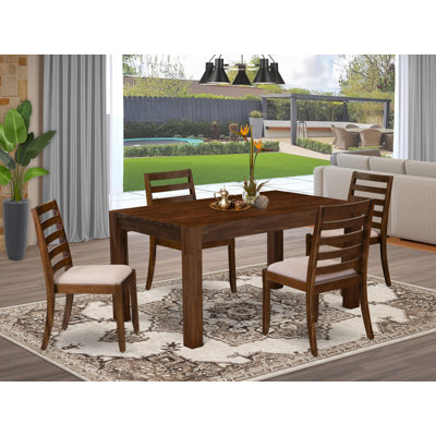 5-piece Dining Room Table Set Includes a Rectangular Kitchen Table and 4 Light Tan Polyester Fabric stackable Dining Chair, Antique Walnut Finish