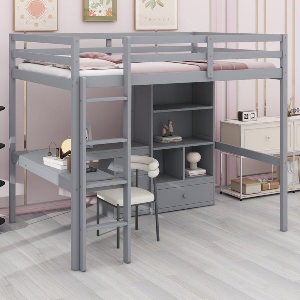 Harriet Bee Loft Wood Bed With Desk, Storage Shelves And Drawers, Built ...