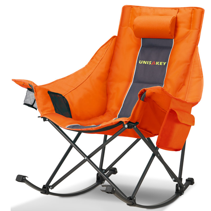  Oversize Folding Rocking Camping Chair For Outside Use With Cup Holder,Support 300 Lbs, Deep Gray/Orange
